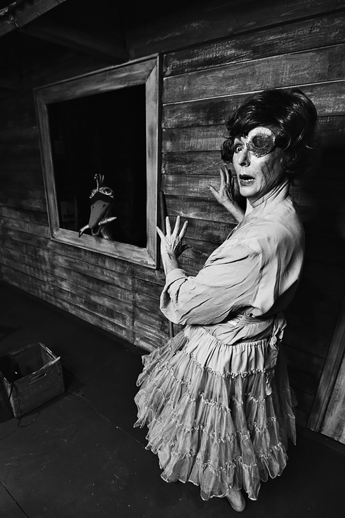 Noel Desiato as the title character in "The Gnadiges Fraulein" faces off with the terrifying Cocaloony Bird in THREE BY TENN at the Sherman Playhouse.