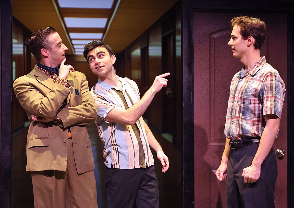 Frankie Valli (Gian Raffaele DiCostanzo), center, introduces Bob Crewe (Joey Boos), left, to Bob Gaudio (Nikita Burshteyn) in Beef & Boards Dinner Theatre''s production of Jersey Boys, now on stage thr Frankie Valli (Gian Raffaele DiCostanzo), center, introduces Bob Crewe (Joey Boos), left, to Bob Gaudio (Nikita Burshteyn) in Beef & Boards Dinner Theatre''s production of Jersey Boys, now on stage thr