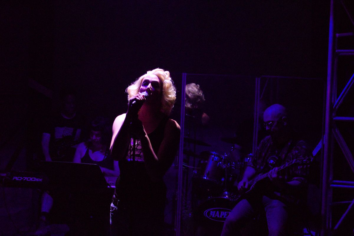 Hedwig and the Angry Inch at the Garage Theatre  L to R: Rory Cowan, Ellen Warkentine, JT, Jon Hyrkas, Bryan Gage  Photo Credit Ace Christensen  