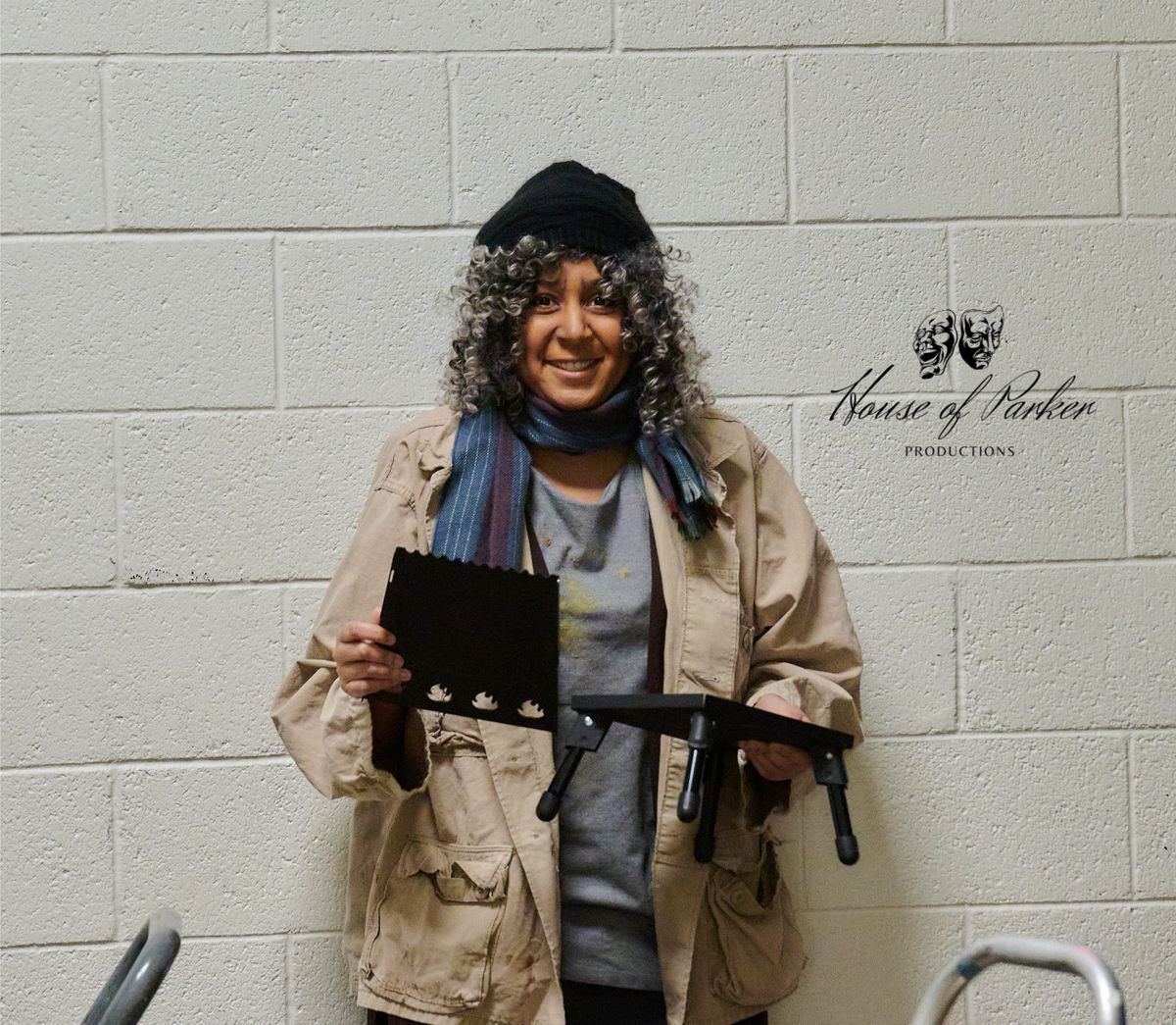 Tatiana Lee in hair and makeup as the homeless woman, undergoing transformation as she prepares to embody the character on stage.