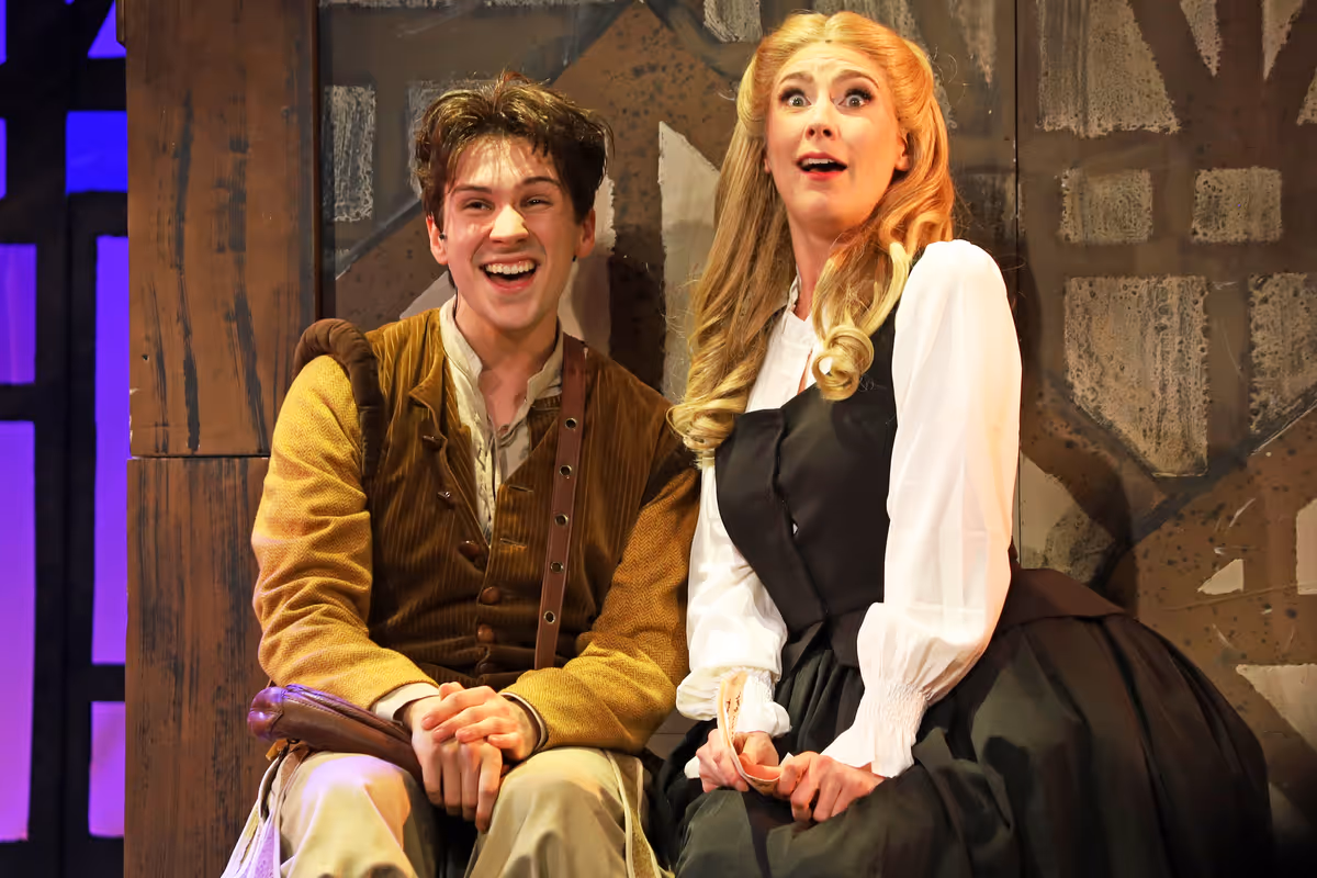 Jacob Erdody (Nigel Bottom) and Mary McNulty (Portia) in Something Rotten! at The Barnstormers Theatre.