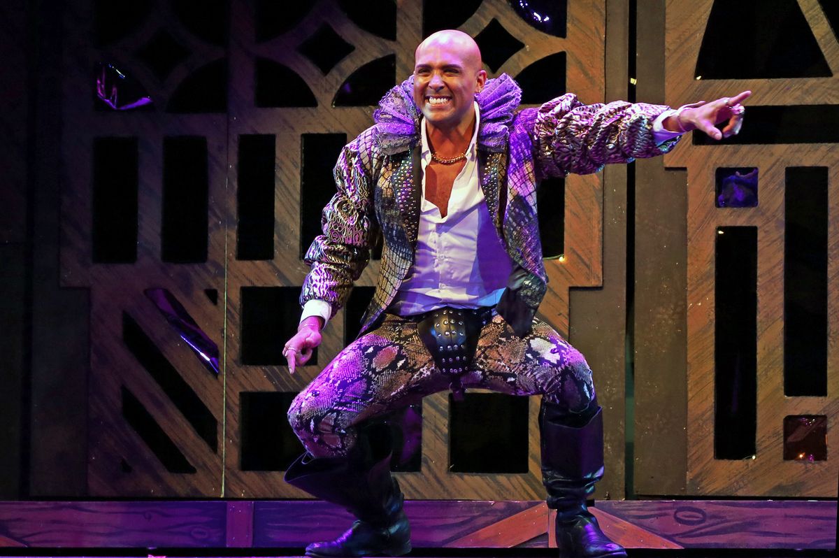 Lee Hollis Bussie (Shakespeare) in Something Rotten! at The Barnstormers Theatre.