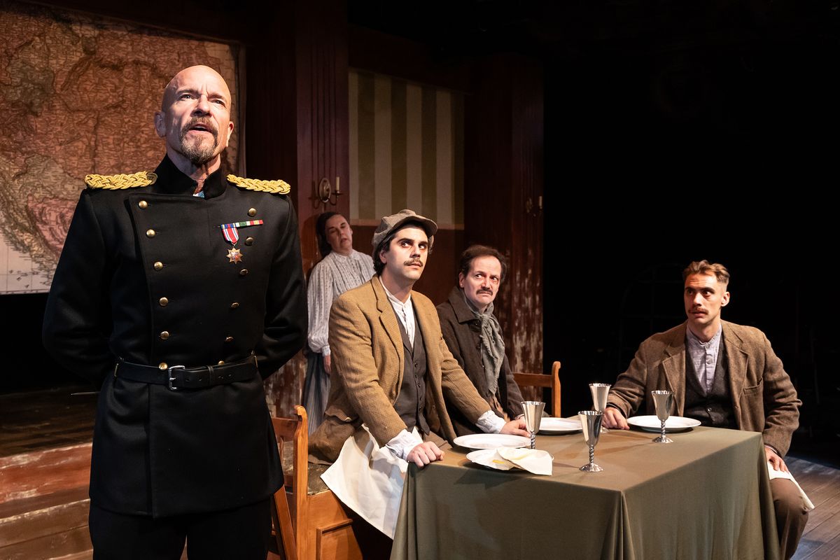Scott Coopwood*, Jamie Jones*, Cole Winslow, John Lamb*, and Chris Sharpe in ARCHDUKE by Rajiv Joseph at Capital Stage Oct. 11-Nov. 12, 2023. Photo by Charr Crail. (*AEA)
