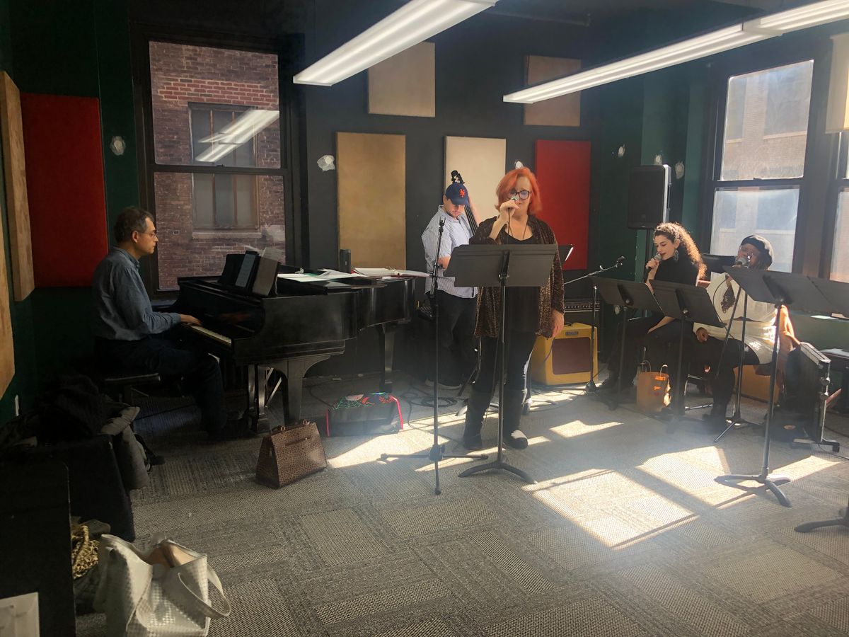 First rehearsal. Sharon K. Janda, Glafkos Kontemeniotis (Music Director), Tony Lannen (bassist), Izzi Stein (vocalist), Charly Kay (vocalist)