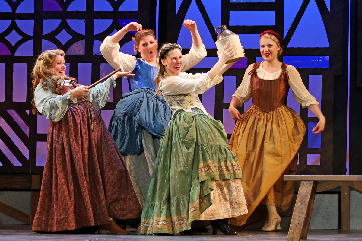 Rachel Alexa Norman (Bea), Sara Coombs (Ensemble, Choreographer), Sophie Pankhurst (Ensemble) and Hannah Nye (Ensemble) in Something Rotten! at The Barnstormers Theatre.