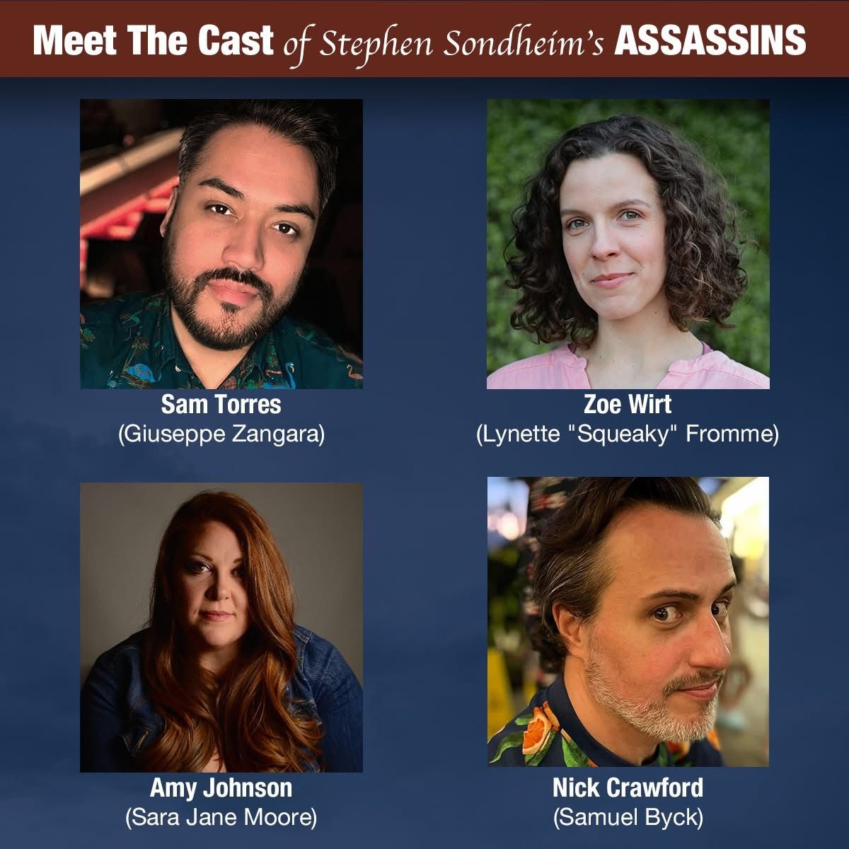Meet the cast of Stephen Sondheim?s Assassins playing at the Virginia Samford Theatre through February 16.  Get tickets at https://ci.ovationtix.com/35992/production/1203014