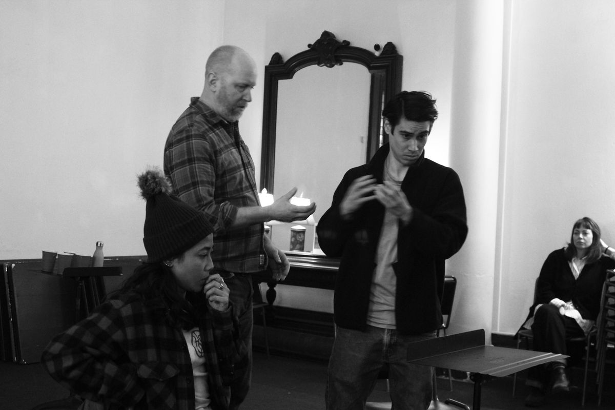 Dessa Delfin, Dave Hanson*, Daniel Ching*, and Jordan Barringer in rehearsal for The Norwegians. *Equity Member appearing with permission of Actors? Equity Association without benefit of an Equity con