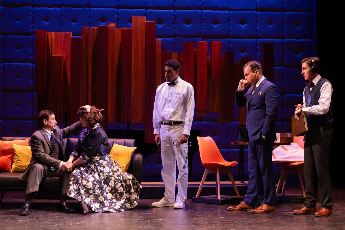 L-R Michael Paternostro (Oscar Levant), Leslie Castay (June Levant), KC Simms (Alvin Finney), Kevin Wheatley (Jack Paar), and Zane Syjansky (Max Weinbaum) in Le Petit Theatre''s production of Good Nigh