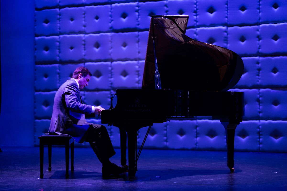 Michael Paternostro (Oscar Levant) playing Rhapsody in Blue in Le Petit Theatre''s production of Good Night, Oscar. Photo by Brittney Werner.
