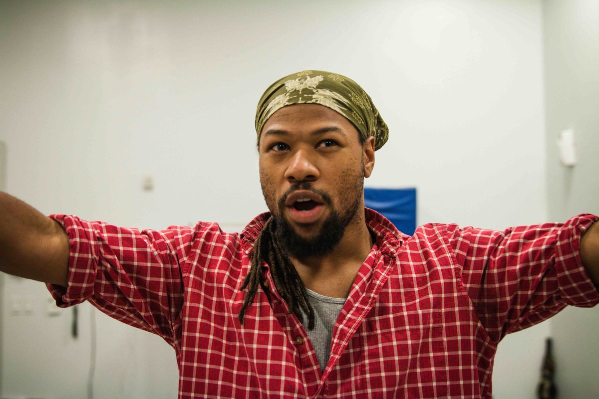 Dillon Dewitt in the rehearsal room for IT IS MAGIC by Mickle Maher. The Catastrophic Theatre. Photo by Bryan Kaplun. 