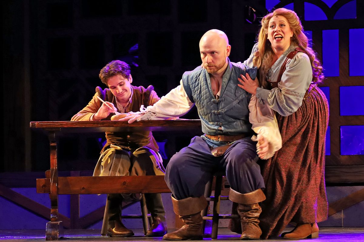 Jacob Erdody (Nigel Bottom), Ryan Halsaver (Nick Bottom) and Rachel Alexa Norman (Bea) in Something Rotten! at The Barnstormers Theatre.