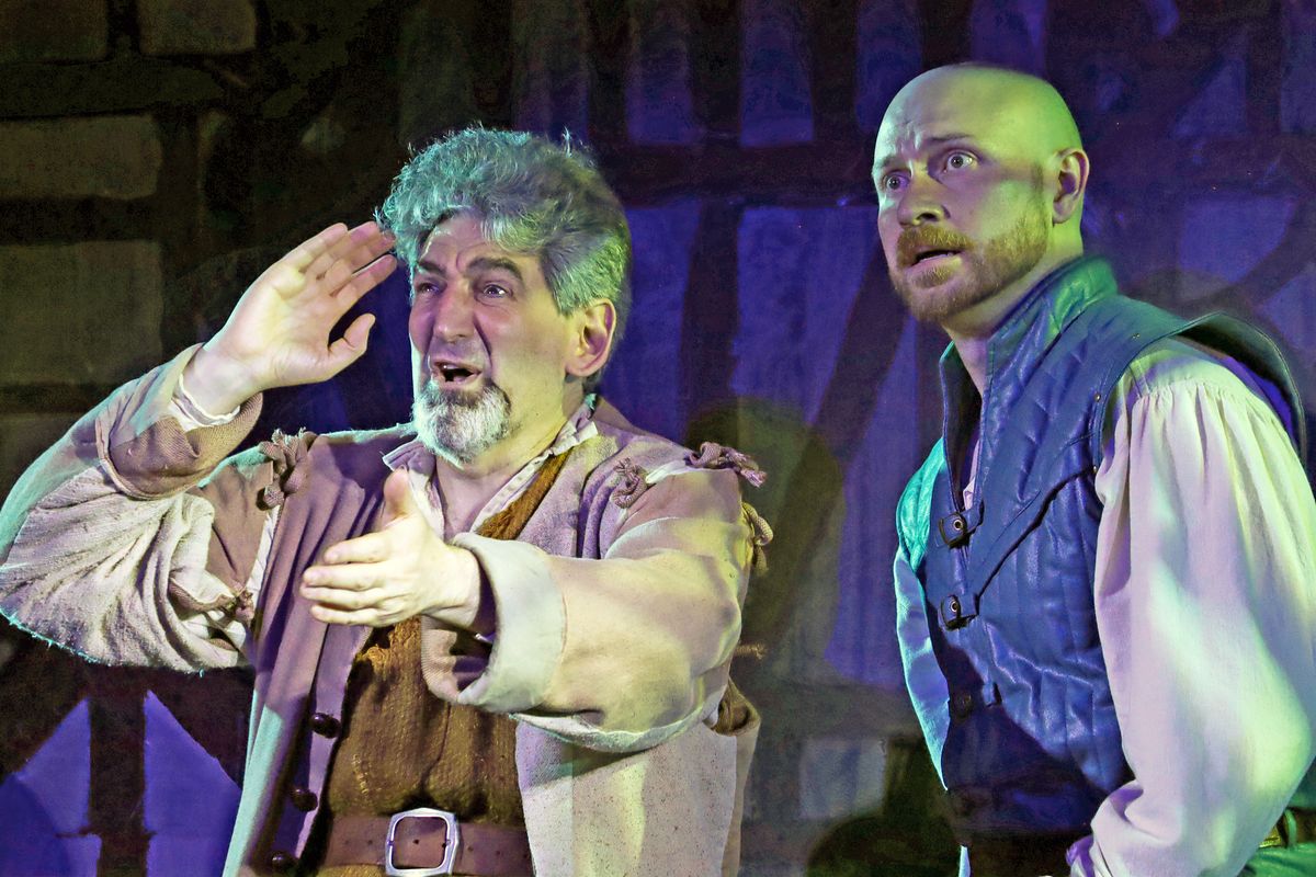 Doug Shapiro (Nostradamus) and Ryan Halsaver (Nick Bottom) in Something Rotten! at The Barnstormers Theatre.