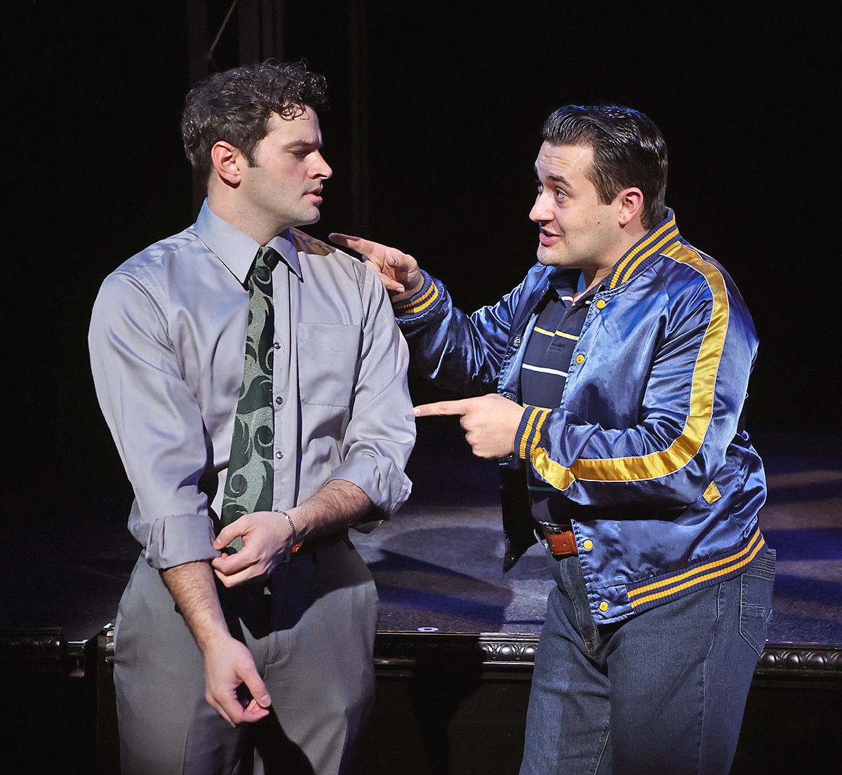 Joe Pesci (Brandon Leporati), right, is excited to tell Tommy DeVito (Kyle Southern) about a new kid who might be good for his group in Beef & Boards Dinner Theatre''s production of Jersey Boys, now on Joe Pesci (Brandon Leporati), right, is excited to tell Tommy DeVito (Kyle Southern) about a new kid who might be good for his group in Beef & Boards Dinner Theatre''s production of Jersey Boys, now on