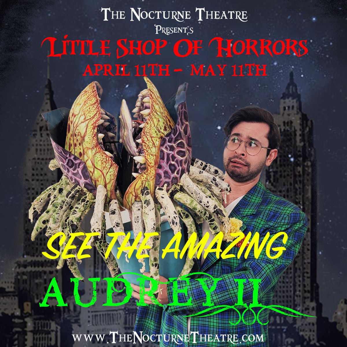 Little Shop of Horrors show poster featuring Seymour and Audrey II presented at The Nocturne Theatre in Glendale, CA Little Shop of Horrors show poster featuring Seymour and Audrey II presented at The Nocturne Theatre in Glendale, CA