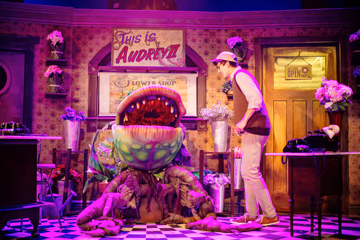 Tyler J. Messinger (Vaughn Louks - puppeteer, William Scott Davison - voice of Audrey II)  Photo by Michele Anliker