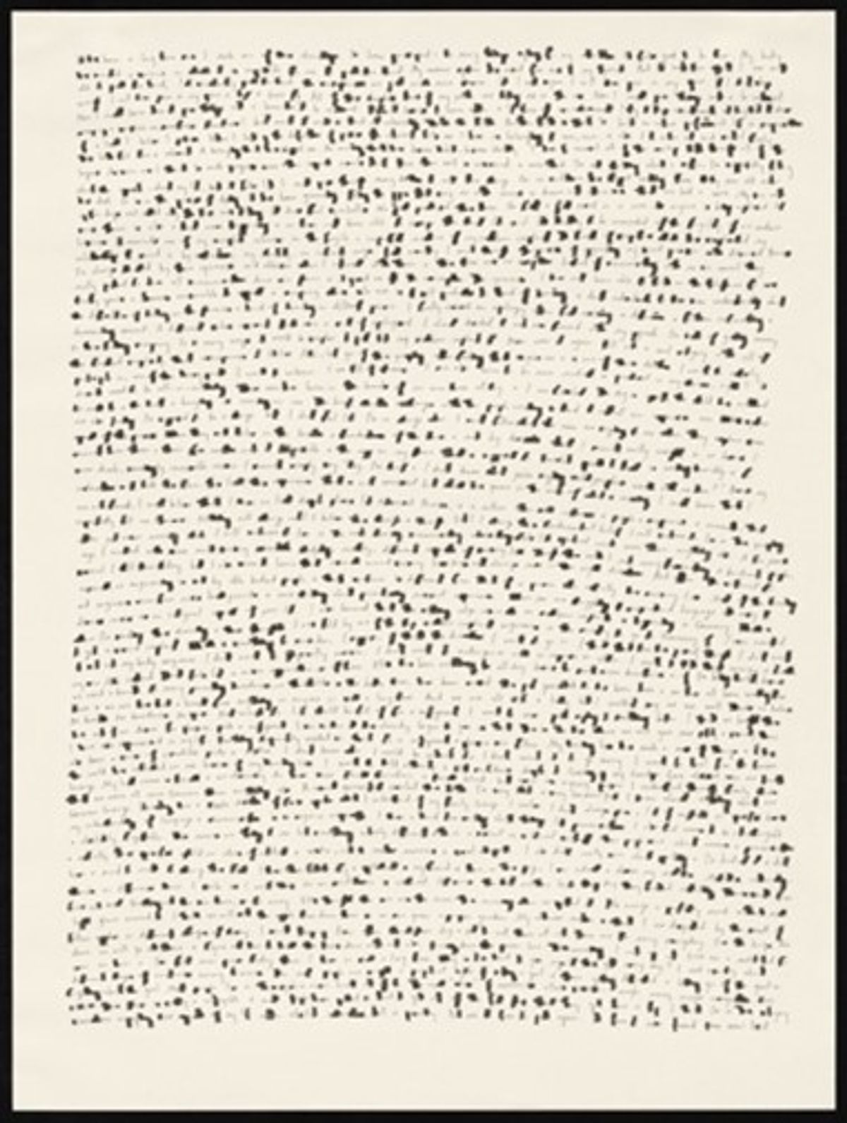 Liza Sylvestre (b.1988). Interference 7/26/2021, 2021. Ink on paper, 18 x 24 in. (45.7 x 61 cm). Courtesy of the artist.   Liza Sylvestre.  A sheet of off-white paper pinned to a wall, densely filled 