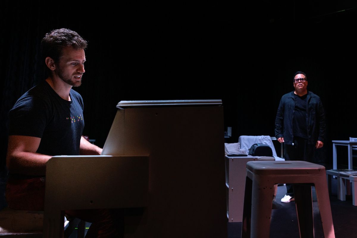 Rehearsal photos from Vantage Theatre''s BEST LAID PLANS by Robert Salerno. In photo: Blake Stadnik (Lucas) and Richard Trujillo (Beethoven). Photo by Steve Murdock Rehearsal photos from Vantage Theatre''s BEST LAID PLANS by Robert Salerno. In photo: Blake Stadnik (Lucas) and Richard Trujillo (Beethoven). Photo by Steve Murdock