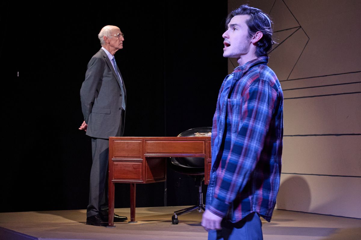 Mitch Greenberg (as Yitzhak Rabin) and Noah Mutterperl (as Yigal Amir). Photo by Peggy Ryan