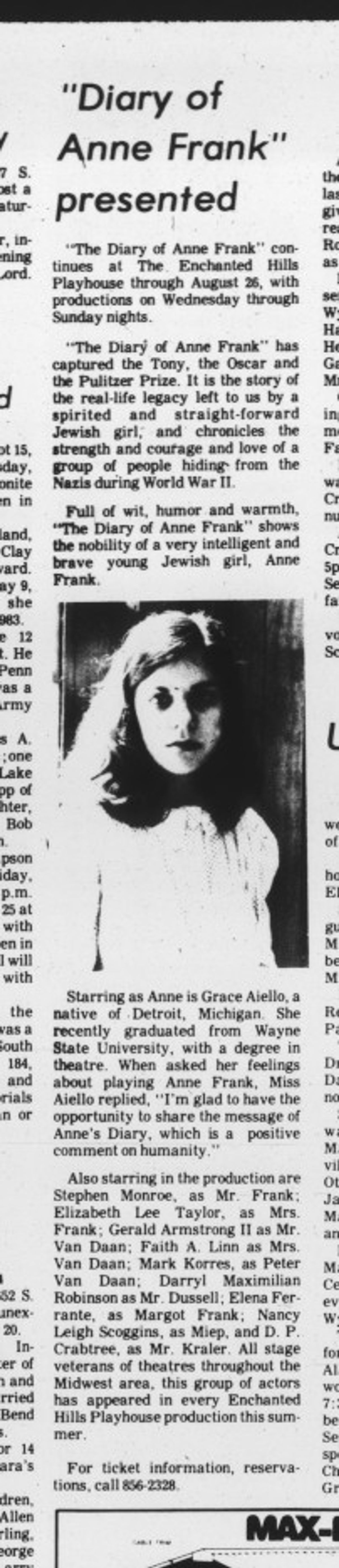 The Diary News 1: August 1984 Press Story on Darryl Maximilian Robinson in the role of Mr. Dussell in The Enchanted Hills Playhouse of Syracuse, Indiana revival of The Diary of Anne Frank.