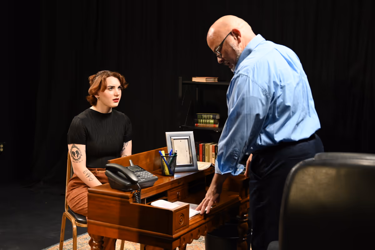 R-ACT''s production of Oleanna by David Mamet runs October 17-19, 2025 at the Segriff Stage in Rochester, PA. (Pictured: Actors Rebecca Radeshak & Dave Joseph)