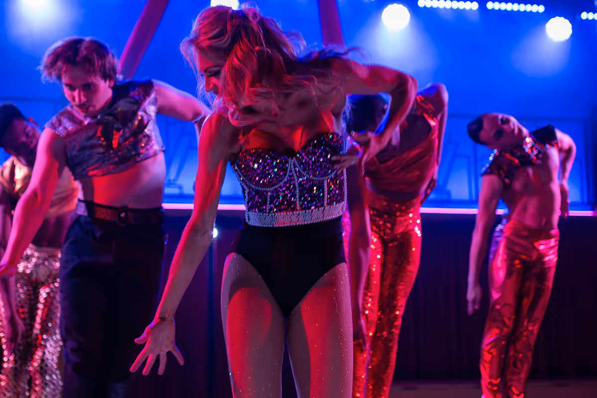 Lisa Cortney as Fastrada with Jared Mazeika, left, and Yamil Rivera, Right