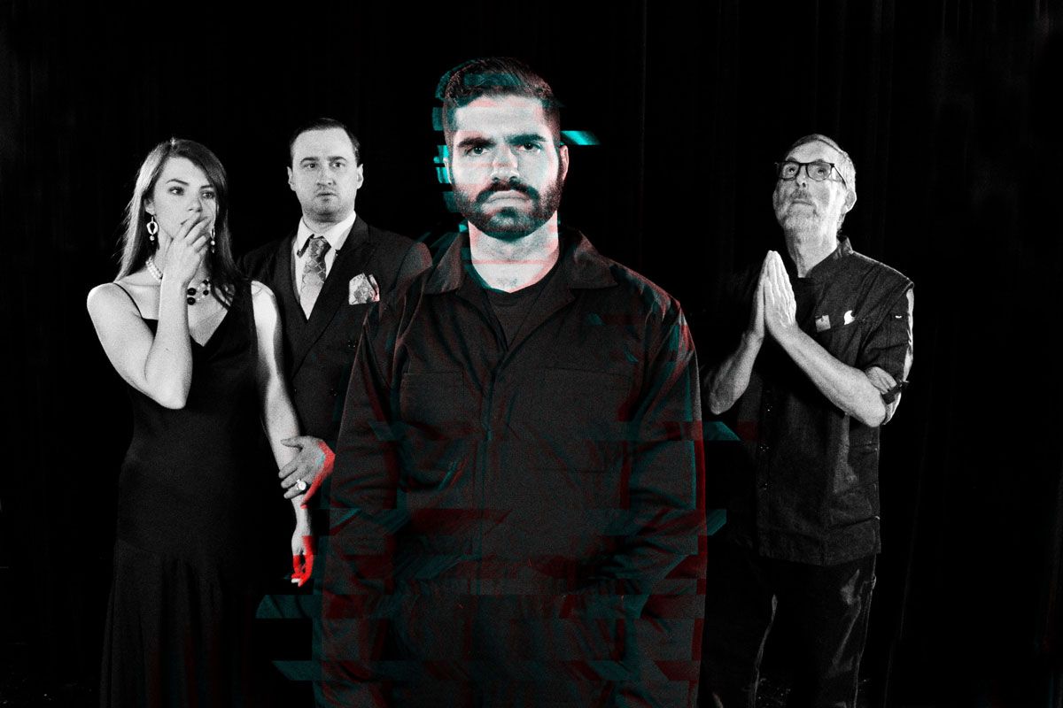 Left to Right: Taylor Jean Grady, Matt Sunderland, Andrew Tesoriero (as Radius, a humanoid robot), and Stan Smith in R.U.R. (Rossum''s Universal Robots) playing at Lakewood Theatre Company, 368 S. Sta Left to Right: Taylor Jean Grady, Matt Sunderland, Andrew Tesoriero (as Radius, a humanoid robot), and Stan Smith in R.U.R. (Rossum''s Universal Robots) playing at Lakewood Theatre Company, 368 S. Sta