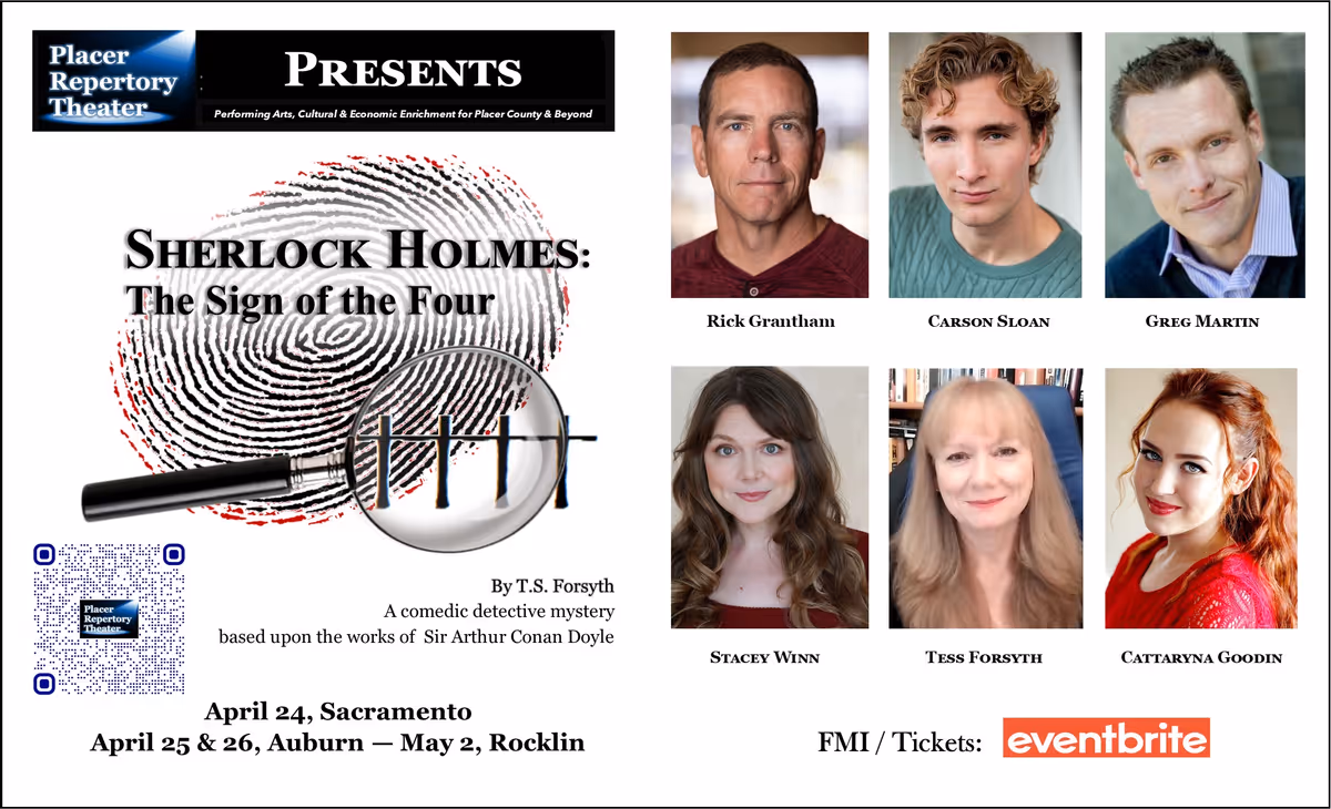 Placer Repertory Theater, new play - Sherlock Holmes: The Sign of the Four  April 24 - May 2, 2025 - post card
