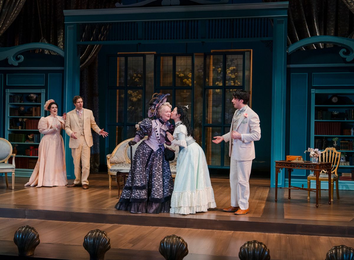 Carolyne Leys as Gwendolen Fairfax, Tug Rice as John ?Jack? Worthing, Marion Adler as Lady Bracknell, Joyce Meimei Zheng as Cecily Cardew, and Christian Frost as Algernon Moncrieff. Photo by Avery Bru