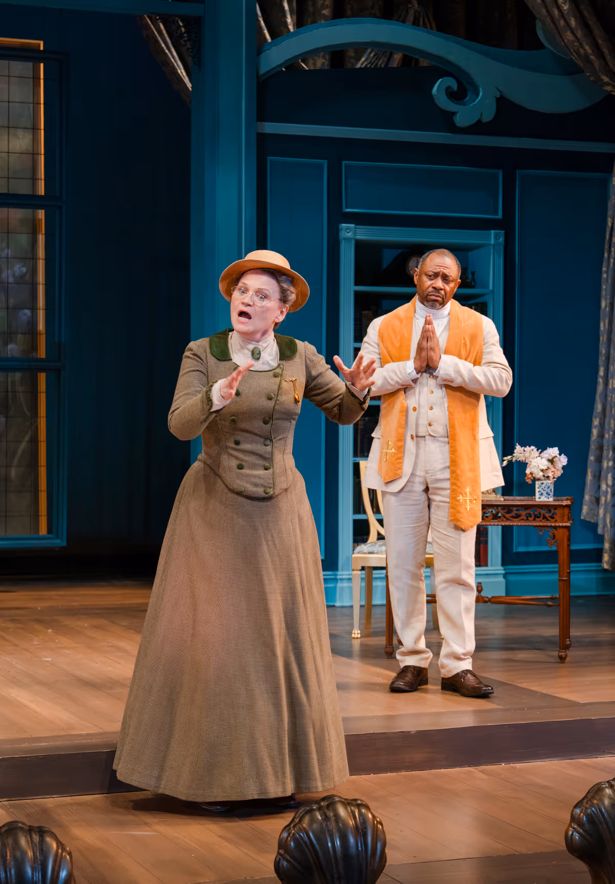 Celia Schaefer as Miss Prism and Alvin Keith as Reverend Chasuble. Photo by Avery Brunkus.