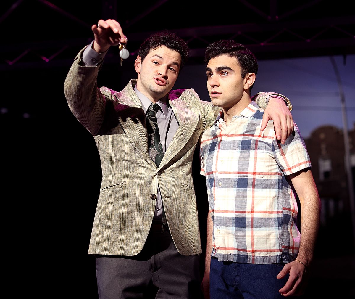 Tommy DeVito (Kyle Southern), left, dangles his car keys in front of Frankie Valli (Gian Raffaele DiCostanzo) in an attempt to bribe him in Beef & Board Dinner Theatre''s production of Jersey Boys, no Tommy DeVito (Kyle Southern), left, dangles his car keys in front of Frankie Valli (Gian Raffaele DiCostanzo) in an attempt to bribe him in Beef & Board Dinner Theatre''s production of Jersey Boys, no