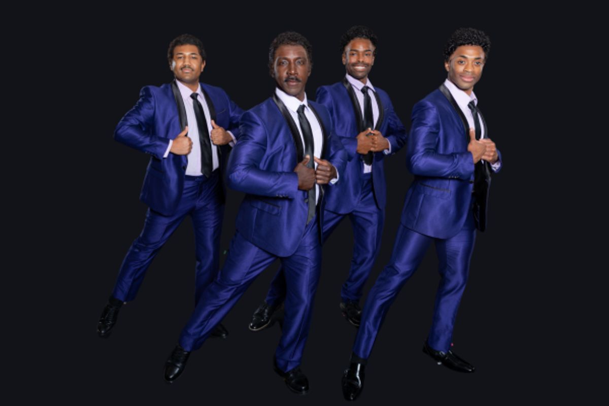 The Drifters - Trevail Maurice, Alfie Parker Jr., Jeremiah Valentino Porter, DeShawn Bowens in Beautiful: The Carole King Musical Maine State Music Theatre August 2023 Photo by Jared Morneau Phot