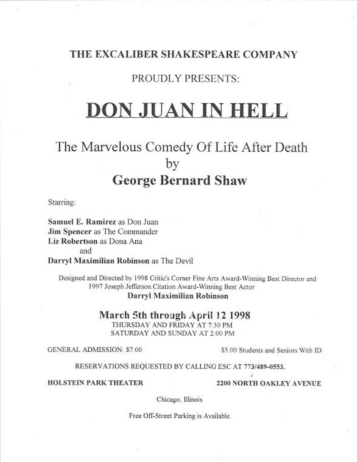 Shaw Staging: Showcard for the 1998 Excaliber Shakespeare Company of Chicago multiracial cast revival of Don Juan In Hell by George Bernard Shaw directed by Darryl Maximilian Robinson at Holstein Park