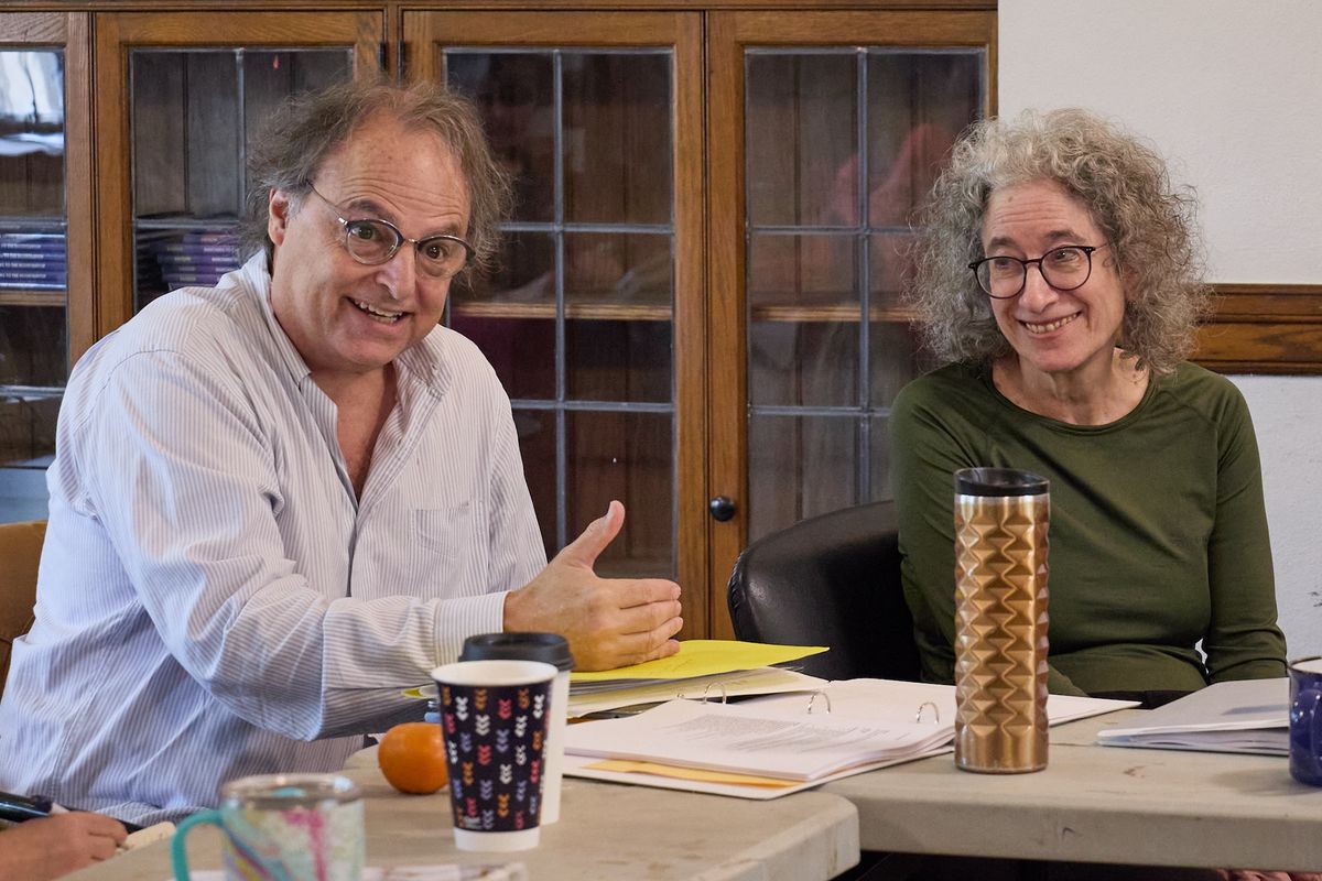 First rehearsal of November 4. Pictured from left: Ari Roth (VFP Founding Artistic Producing Partner); Myra Noveck (Book). Photo by Peggy Ryan