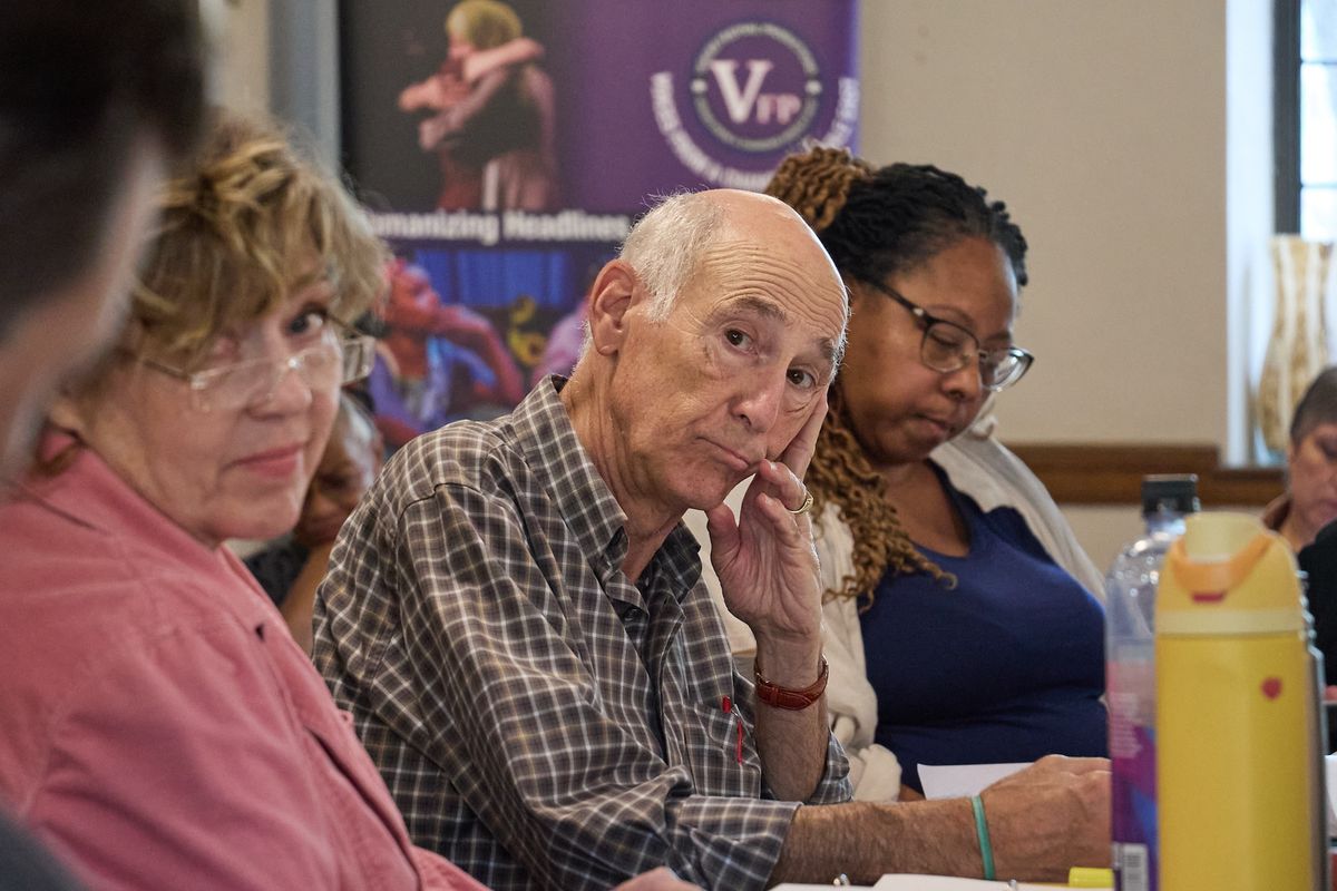 First rehearsal of November 4. Pictured from left: Nicole Halmos (Leah, Rabin''s wife); Mitch Greenberg (Yitzhak Rabin); A. Lorraine Robinson (VFP Artistic Producing Partner). Photo by Peggy Ryan
