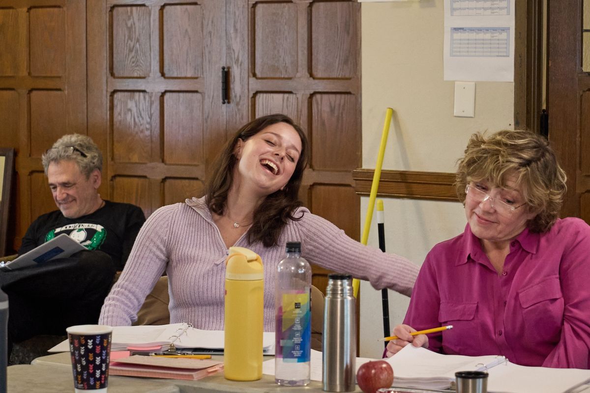 First rehearsal of November 4. Pictured from left: Ash Ivey (Swing); Emma Wallach (Noa, Rabin''s granddaughter); Nicole Halmos (Leah, Rabin''s wife). Photo by Peggy Ryan