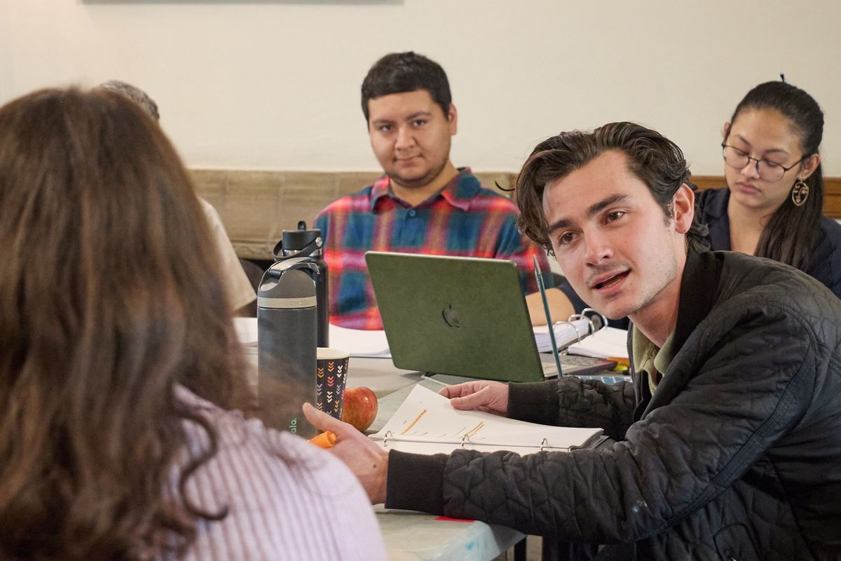 First rehearsal of November 4. Pictured from left: Enrique Vargas (Assistant Director); Noah Mutterperl (Yigal Amir); Maria Mills (Production Stage Manager). Photo by Peggy Ryan