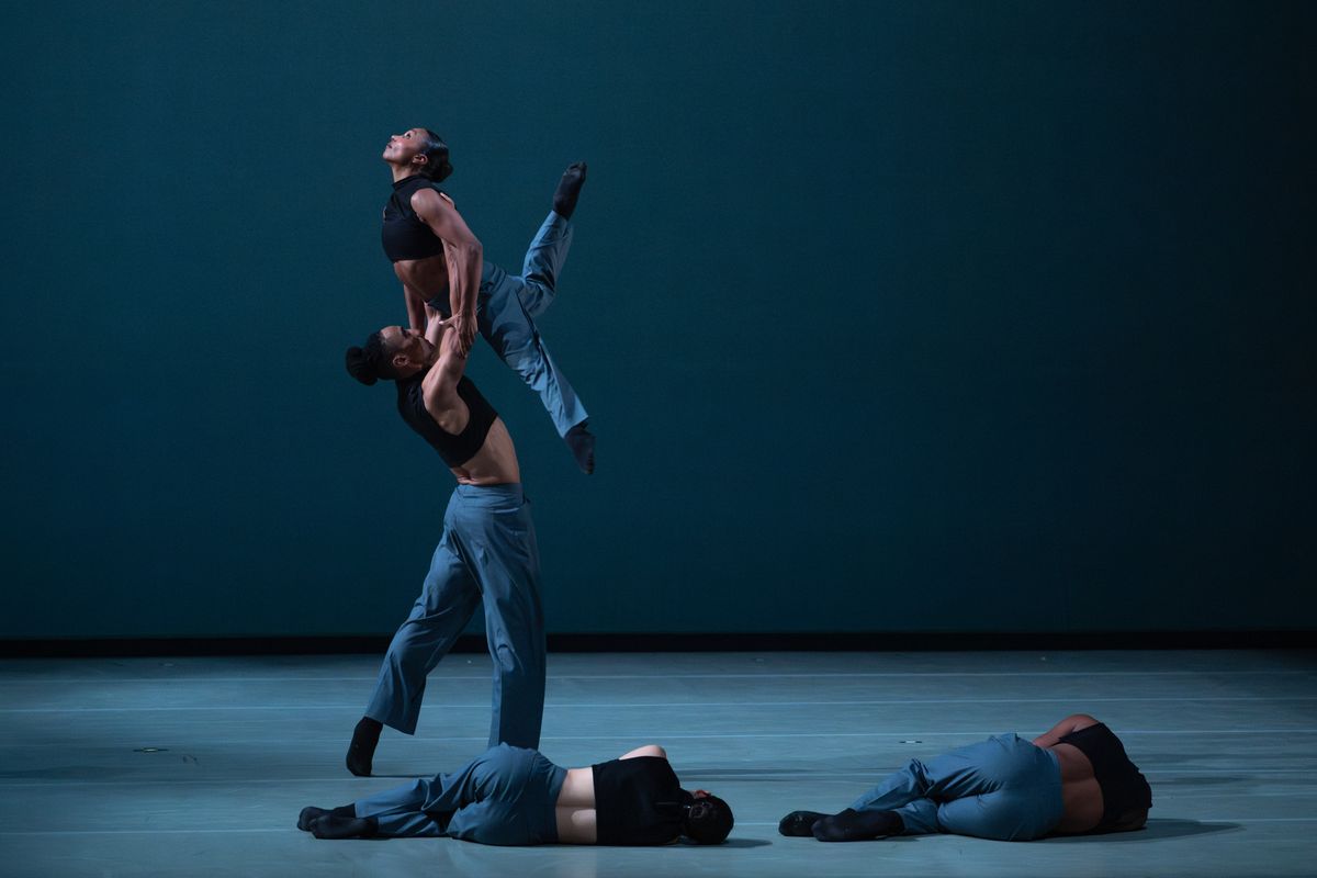 Ailey II's Carley Brooks and Xhosa Scott and company in Houston Thomas' Down the Rabbit Hole. Photo by Nir Arieli. Ailey II's Carley Brooks and Xhosa Scott and company in Houston Thomas' Down the Rabbit Hole. Photo by Nir Arieli.