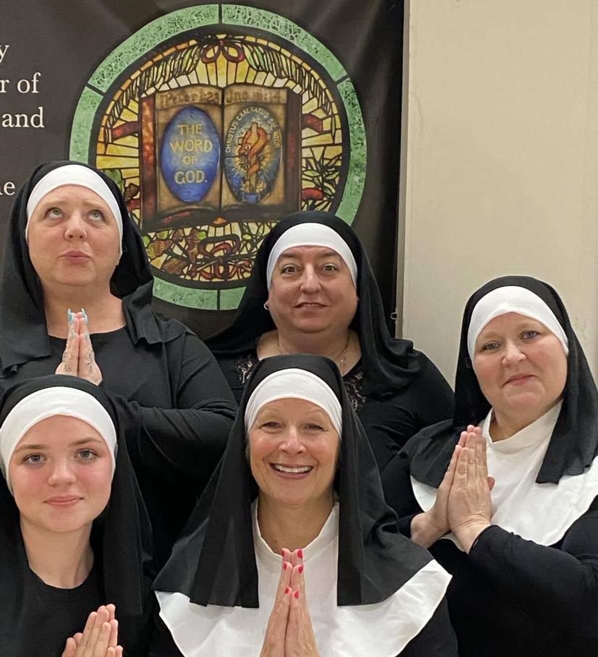 Ha-Ha-Ha-lleluia!    The Cast of Nunsense (L to R)  Front:  Fiona Chisholm as Sister Leo, Debbi Kruszewski-Warner as Reverand Mother, Holly Maltese as Sister Mary Amnesia  Back:  Michele Chisholm as S