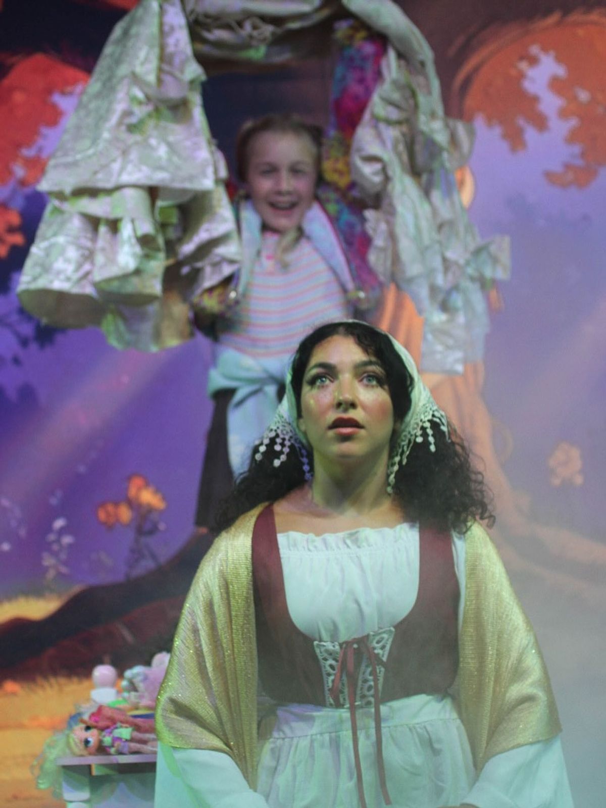 Alexa Rosengaus (front) as Cinderella and Hannah Rubinstein (rear) as The Narrator.