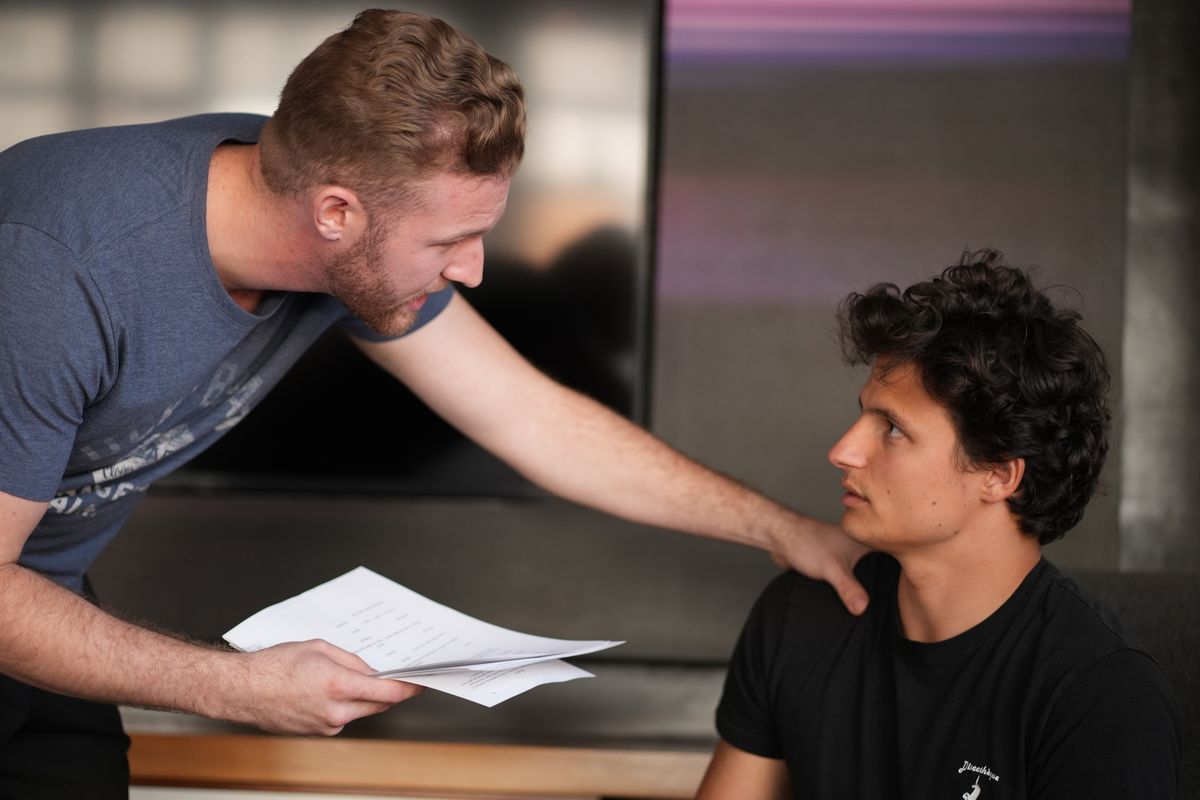 Le Feuvre and Mondin rehearsing the climactic confrontation. Le Feuvre and Mondin rehearsing the climactic confrontation.