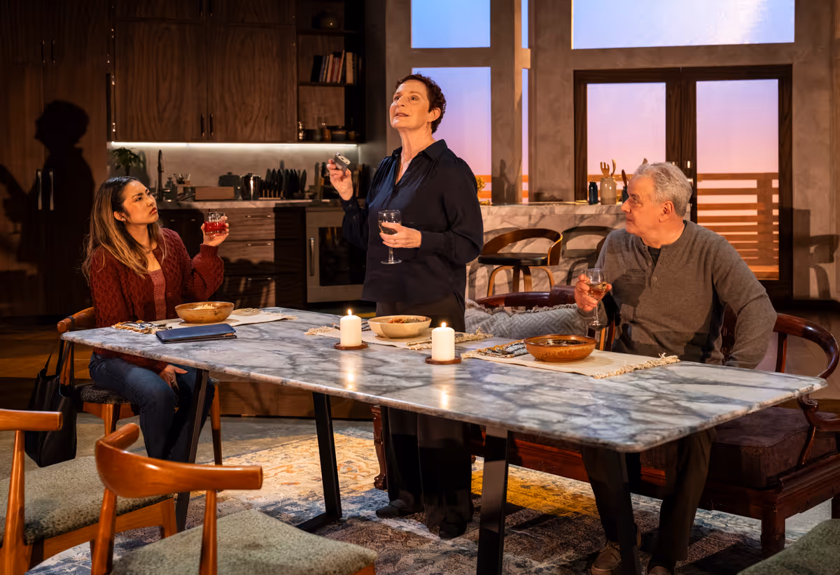 Mai Abe, Laura Gordon and Andrew May in DINNER WITH THE DUCHESS. Photo: Michael Brosilow. Mai Abe, Laura Gordon and Andrew May in DINNER WITH THE DUCHESS. Photo: Michael Brosilow.