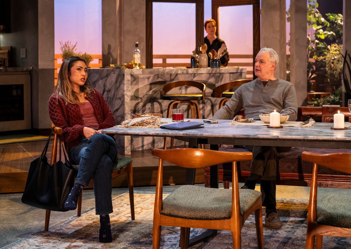 Mai Abe, Laura Gordon and Andrew May in DINNER WITH THE DUCHESS. Photo: Michael Brosilow. Mai Abe, Laura Gordon and Andrew May in DINNER WITH THE DUCHESS. Photo: Michael Brosilow.