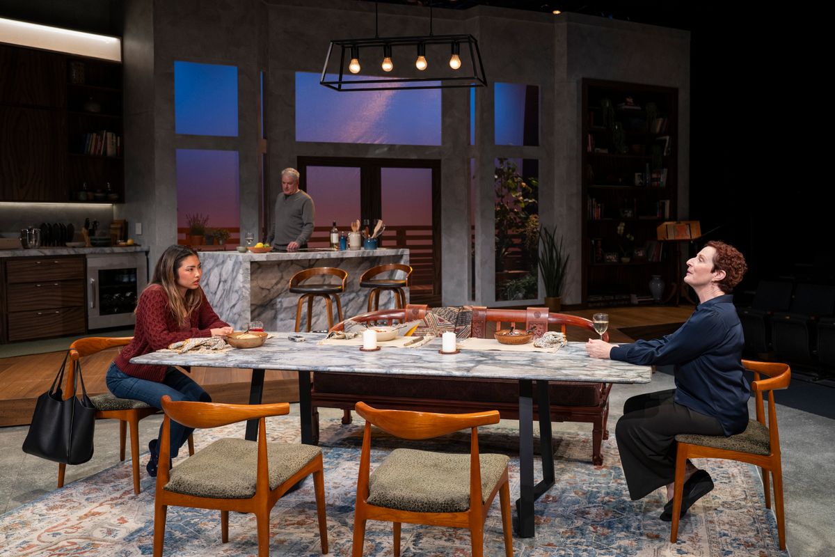 Mai Abe, Andrew May and Laura Gordon in DINNER WITH THE DUCHESS. Photo: Michael Brosilow. Mai Abe, Andrew May and Laura Gordon in DINNER WITH THE DUCHESS. Photo: Michael Brosilow.