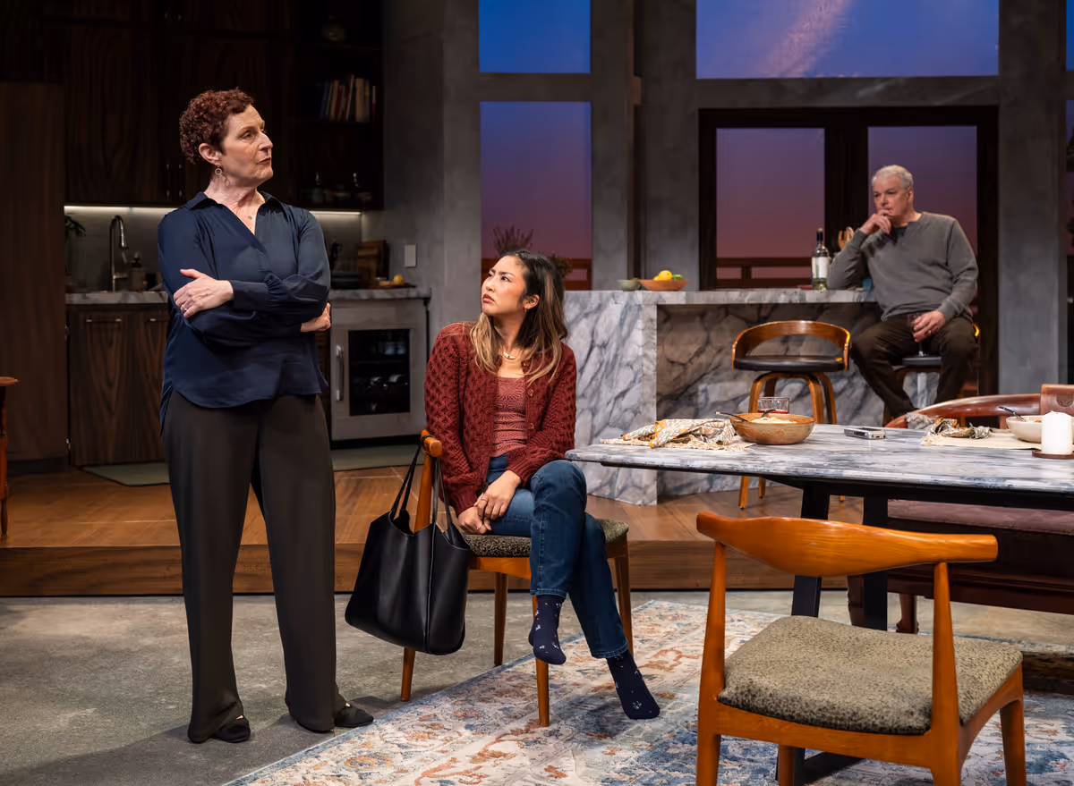 Laura Gordon, Mai Abe and Andrew May in DINNER WITH THE DUCHESS. Photo: Michael Brosilow. Laura Gordon, Mai Abe and Andrew May in DINNER WITH THE DUCHESS. Photo: Michael Brosilow.