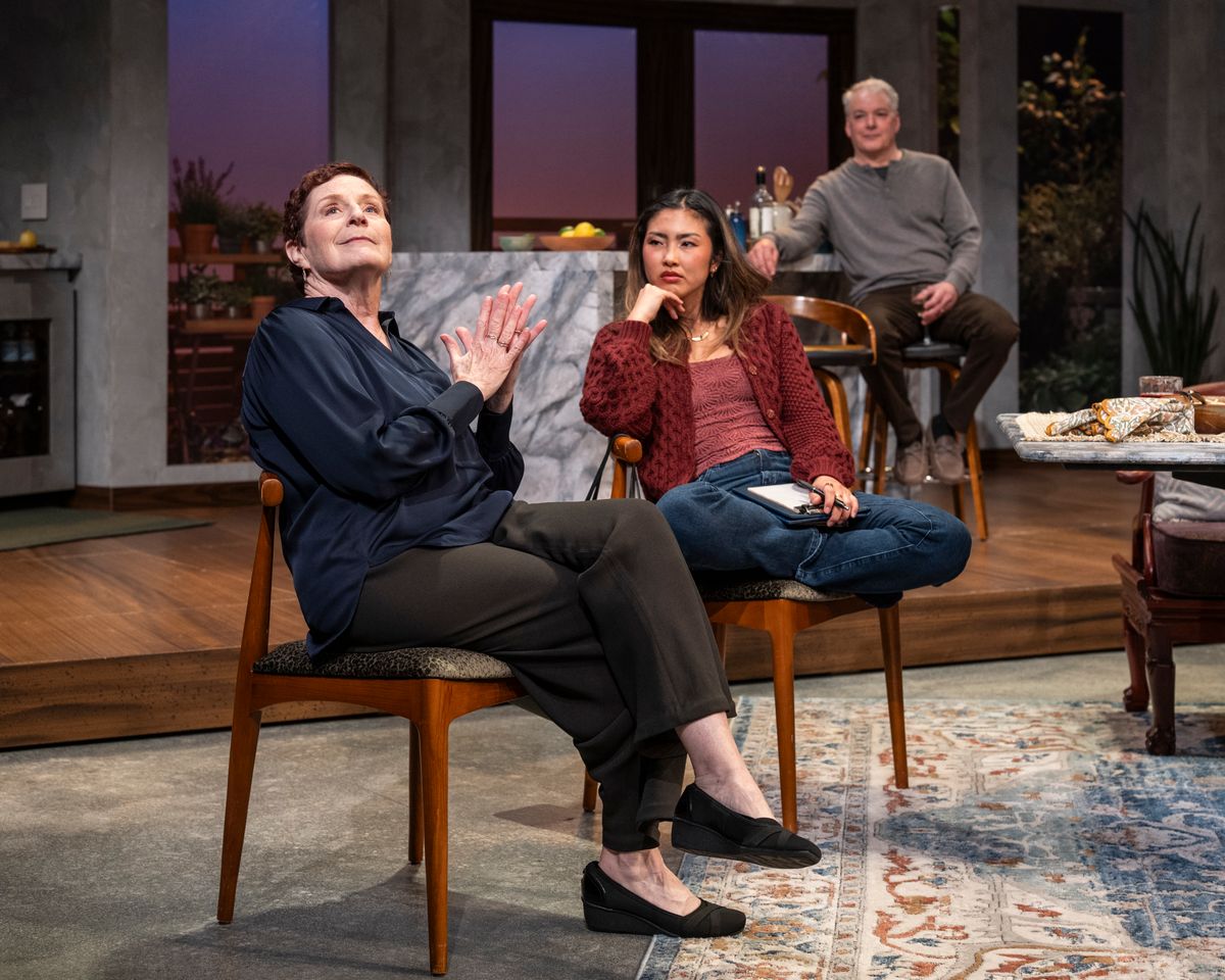 Laura Gordon, Mai Abe and Andrew May in DINNER WITH THE DUCHESS. Photo: Michael Brosilow. Laura Gordon, Mai Abe and Andrew May in DINNER WITH THE DUCHESS. Photo: Michael Brosilow.