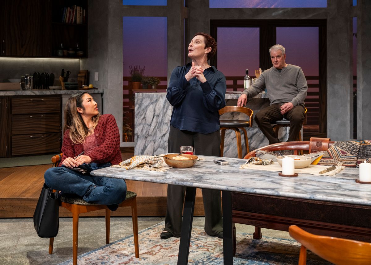 Mai Abe, Laura Gordon and Andrew May in DINNER WITH THE DUCHESS. Photo: Michael Brosilow. Mai Abe, Laura Gordon and Andrew May in DINNER WITH THE DUCHESS. Photo: Michael Brosilow.