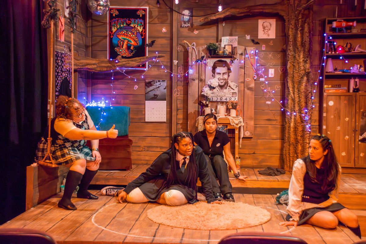 Our Dear Dead Drug Lord at the Garage Theatre  L to R: Ryan Hollon, Jenilee Flowers, Alejandra Penaloza, Sam Farfan    Photo Credit: Diana Kaufmann    