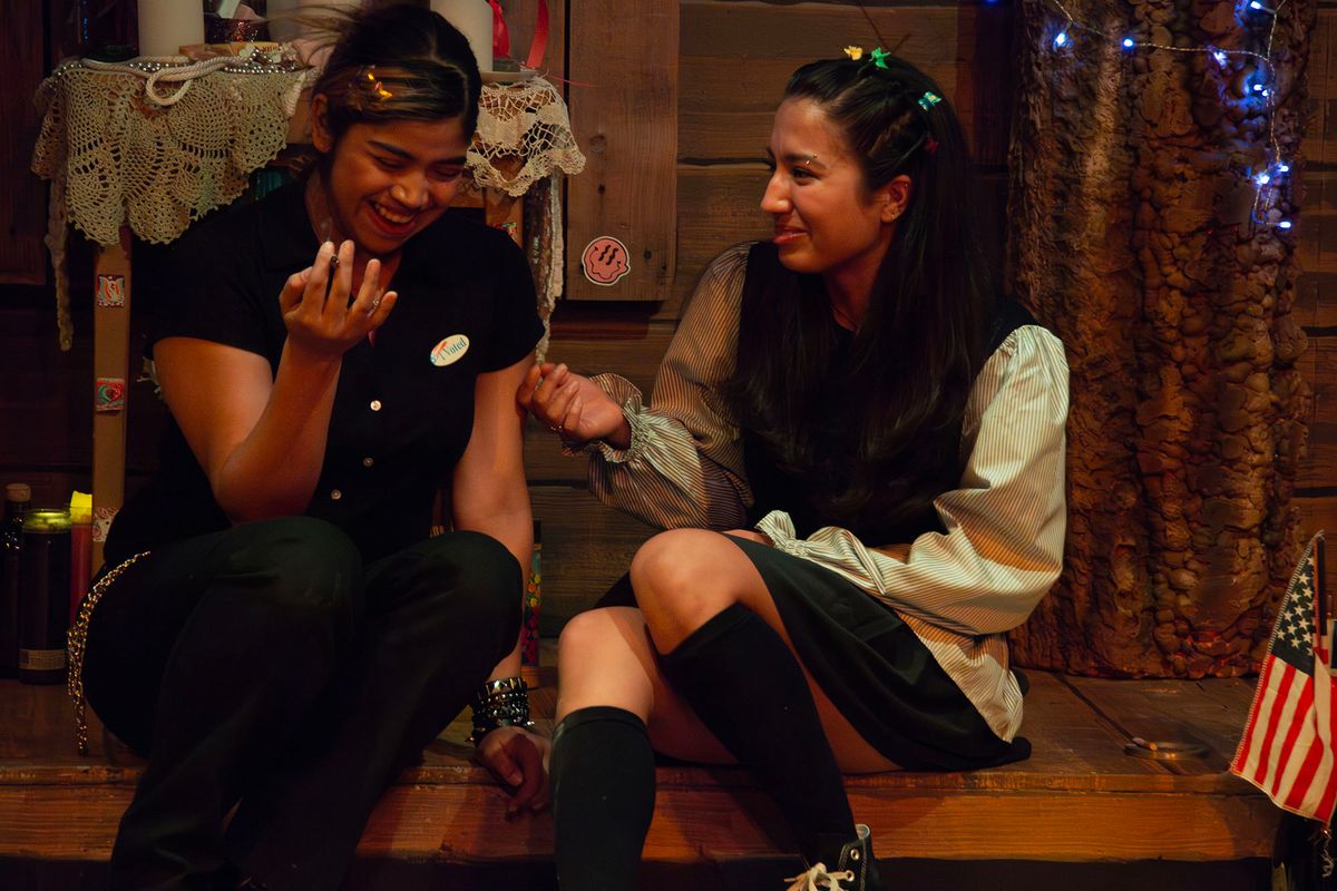 Our Dear Dead Drug Lord at the Garage Theatre  L to R: Alejandra Penaloza as Kit & Sam Farfan as Pipe  Photo Credit: Diana Kaufmann    