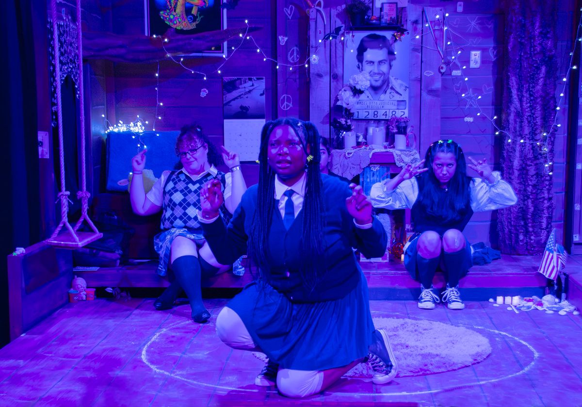 Our Dear Dead Drug Lord at the Garage Theatre  L to R: Ryan Hollon, Jenilee Flowers, Alejandra Penaloza, and Sam Farfan    Photo Credit: Diana Kaufmann    