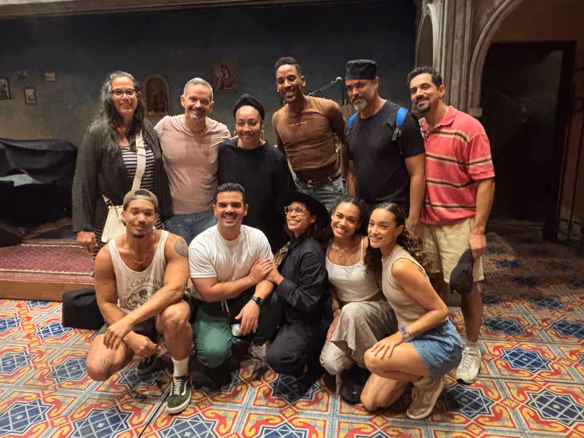 Jes s Pupo with actress Rosario Dawson and fellow Buena Vista Social Club cast members following a performance at Broadway?s Gerald Schoenfeld Theatre NY